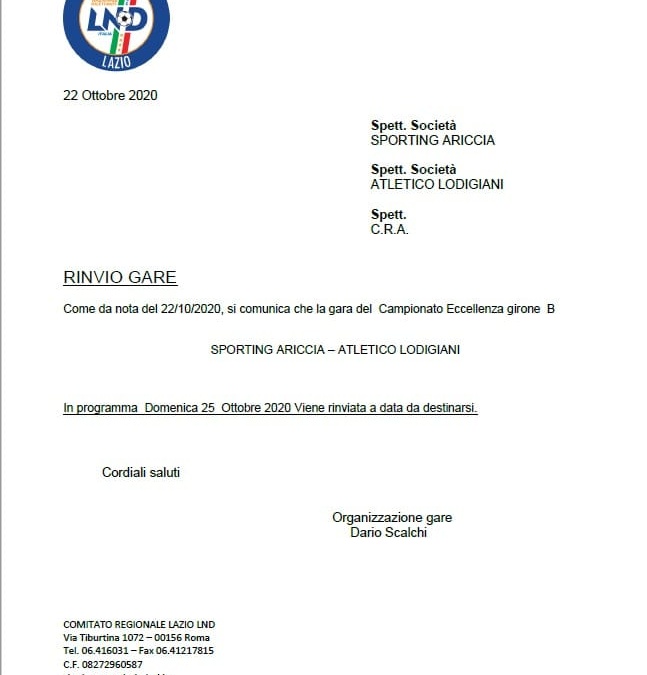 Rinviata a data da destinarsi la gara con lo Sporting Ariccia che era in programma domenica 25 causa Covid-19